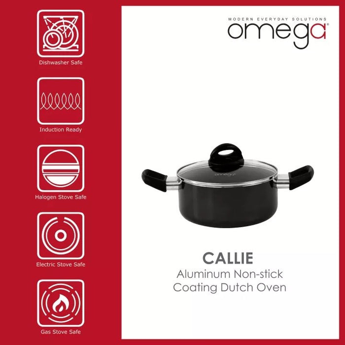 Omega Houseware Callie Aluminum Non-Stick Coat Sauce Pot Casserole with Lid & Steam Vent I Induction