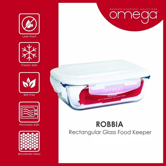 Omega Houseware Robbia Rectangular Glass Food Keeper Airtight Storage, and leakproof lid
