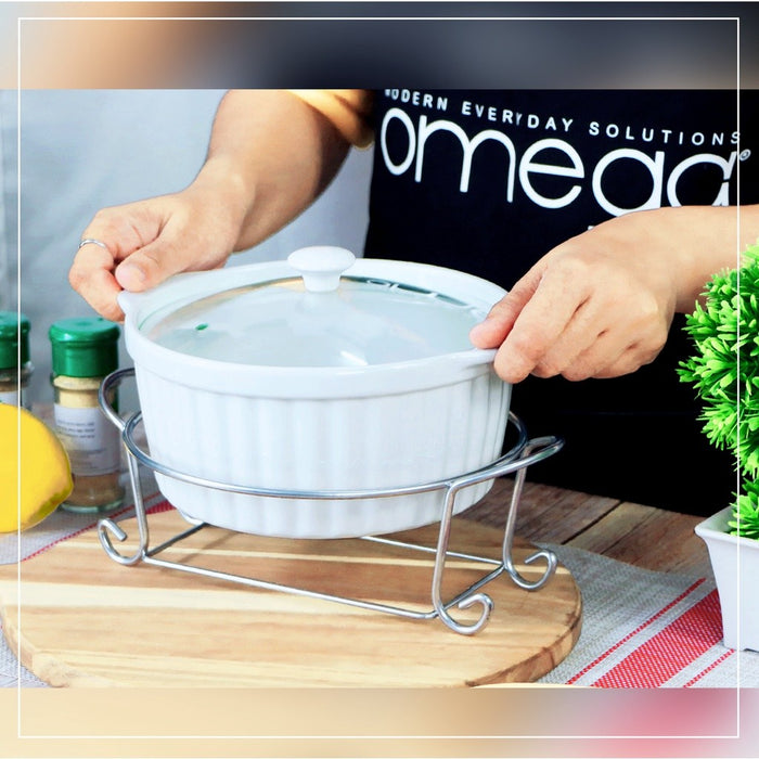 Omega Houseware Elizabeth Round Ceramic Casserole with Lid & Metal Rack Microwave Safe1500ml/2000ml