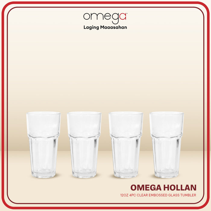 Omega Houseware Hollan 4PC Clear Embossed Glass Tumbler Set 12oz with Gift Box