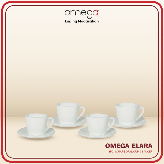 Omega Houseware Elara Square Opal Cup and Saucer Set 8pcs | Microwave & Dishwasher Safe