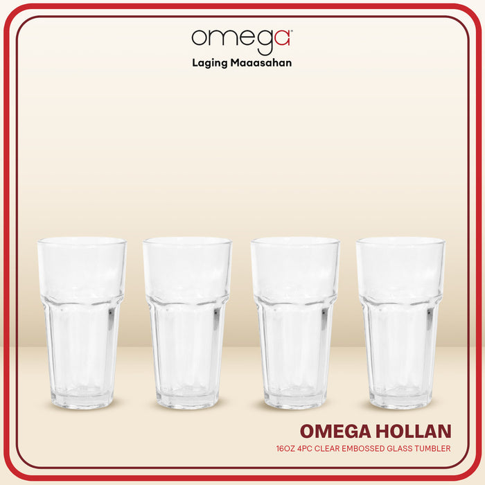 Omega Houseware Hollan 4PC Clear Embossed Glass Tumbler Set 16oz with Gift Box