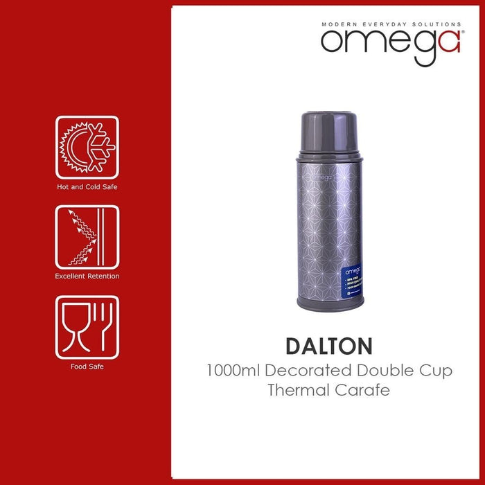 Omega Houseware Dalton Thermal Carafe with Double Cup I 12 Hours Hot & 24 Hours Cold 1000ml / 1800ml
