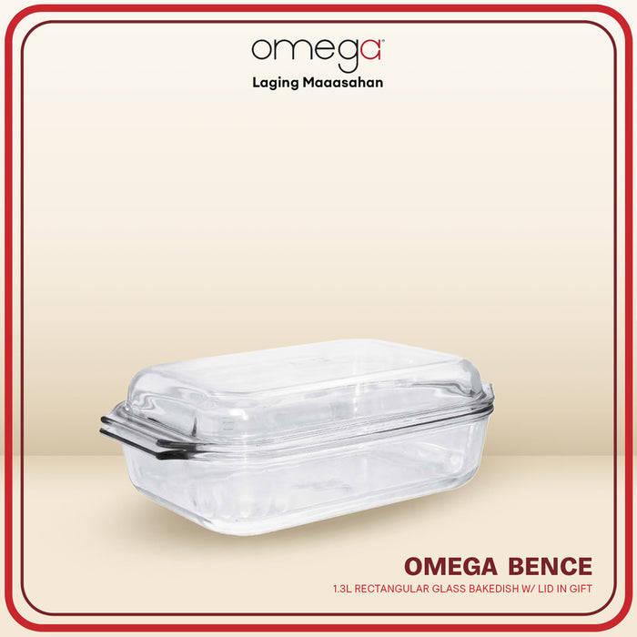 Omega Houseware Bence Rectangular Borosilicate Glass Bakedish with Lid 1300ml/2100 ml Microwave Safe