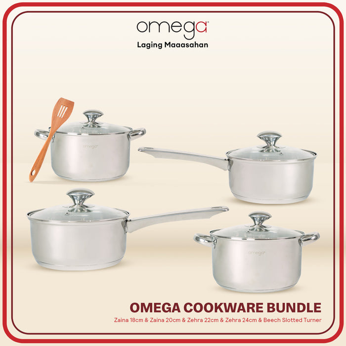 Omega Cookware Bundle: ZAINA 18cm & ZAINA 20cm & ZEHRA 22cm & ZEHRA 24cm & Beech Utensil