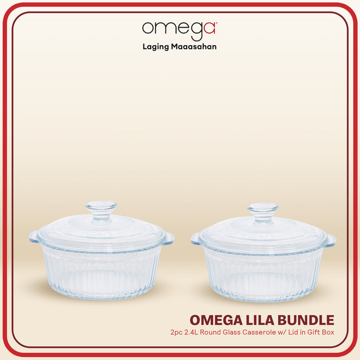 Omega Houseware Lila Round Glass Casserole Microwave Safe with Lid 1.6L/2.4L in Gift Box