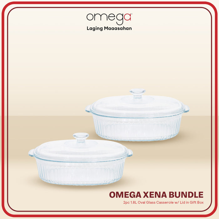 Omega Houseware 2PC Bundle Xena Oval Glass Casserole w/ Lid in Gift Box 1.8L / 2.8L