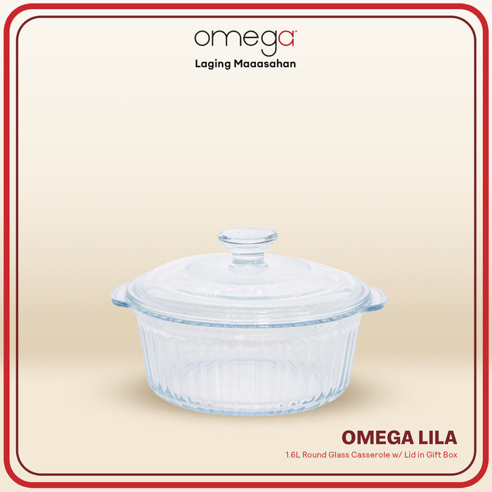 Omega Houseware Lila Round Glass Casserole w/ Lid in Gift Box 1.6L / 2.4L