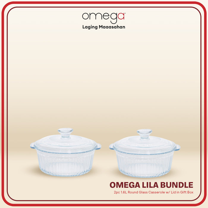 Omega Houseware Lila Round Glass Casserole Microwave Safe with Lid 1.6L/2.4L in Gift Box