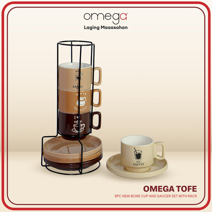Omega Houseware Tofe Nigel Zinni Newbone Cup and Saucer Set 8pcs Microwave Safe with Rack