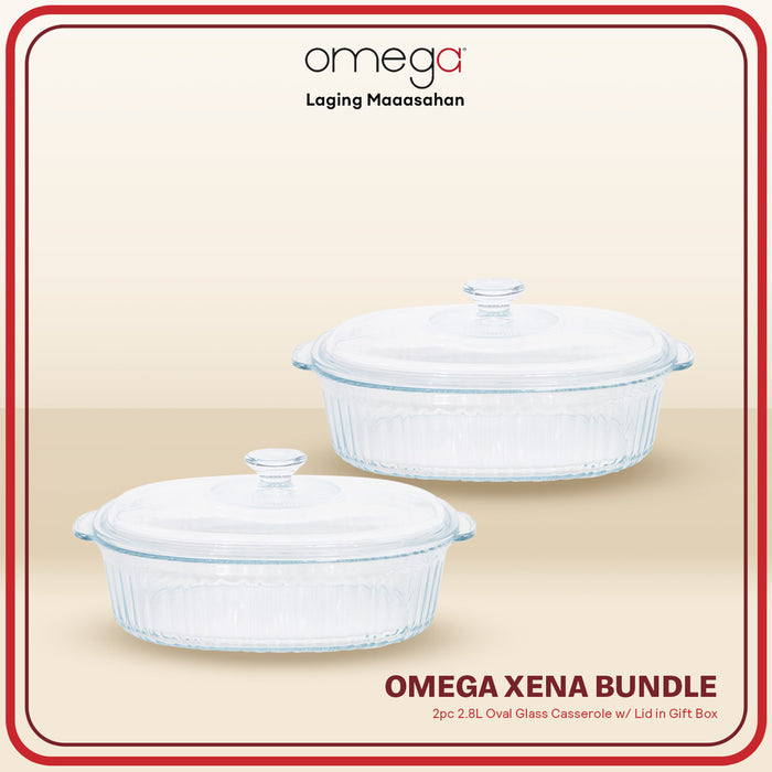 Omega Houseware 2PC Bundle Xena Oval Glass Casserole w/ Lid in Gift Box 1.8L / 2.8L
