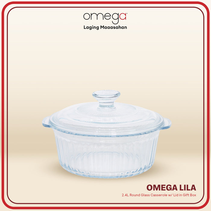 Omega Houseware Lila Round Glass Casserole w/ Lid in Gift Box 1.6L / 2.4L