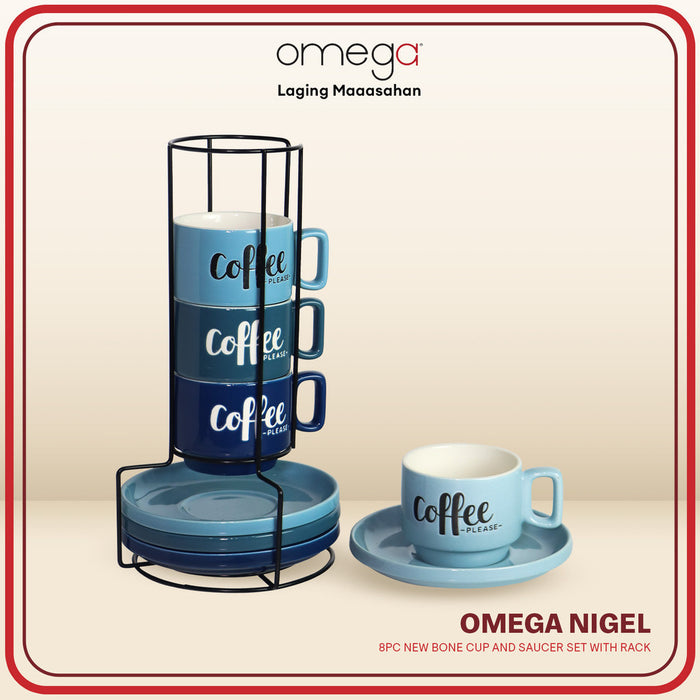 Omega Houseware Tofe Nigel Zinni Newbone Cup and Saucer Set 8pcs Microwave Safe with Rack