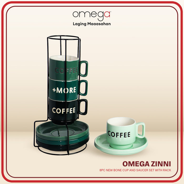 Omega Houseware Tofe Nigel Zinni Newbone Cup and Saucer Set 8pcs Microwave Safe with Rack