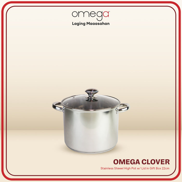 Omega Houseware Clover Stainless Steel High Pot with Lid in Gift Box 22cm I 24cm Induction Ready
