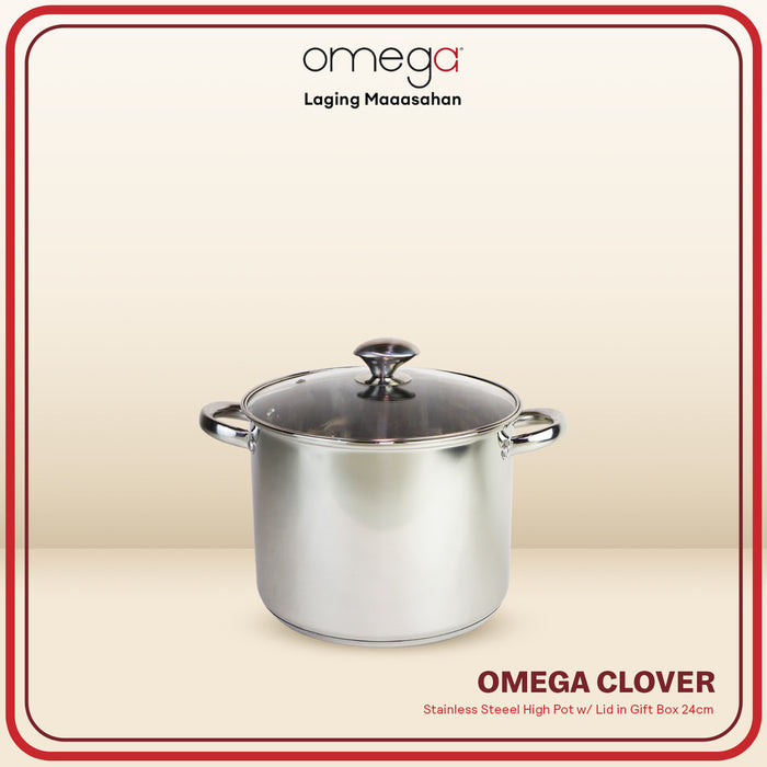 Omega Houseware Clover Stainless Steel High Pot with Lid in Gift Box 22cm I 24cm Induction Ready