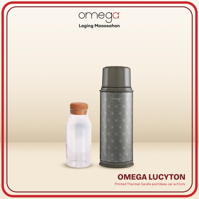 Omega Houseware Bundle: Dalton 1.8L Printed Thermal Carafe and 1L Glass Jar with Cork Set