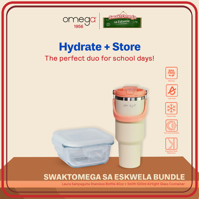 Omega Back-to-School Bundle l Laura Sampaguita Stainless Bottle 40oz + Smith 520ml Glass Food Keeper