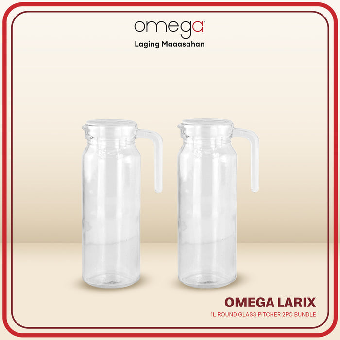 Omega Houseware Larix 1L Round Glass Pitcher 2pc Bundle