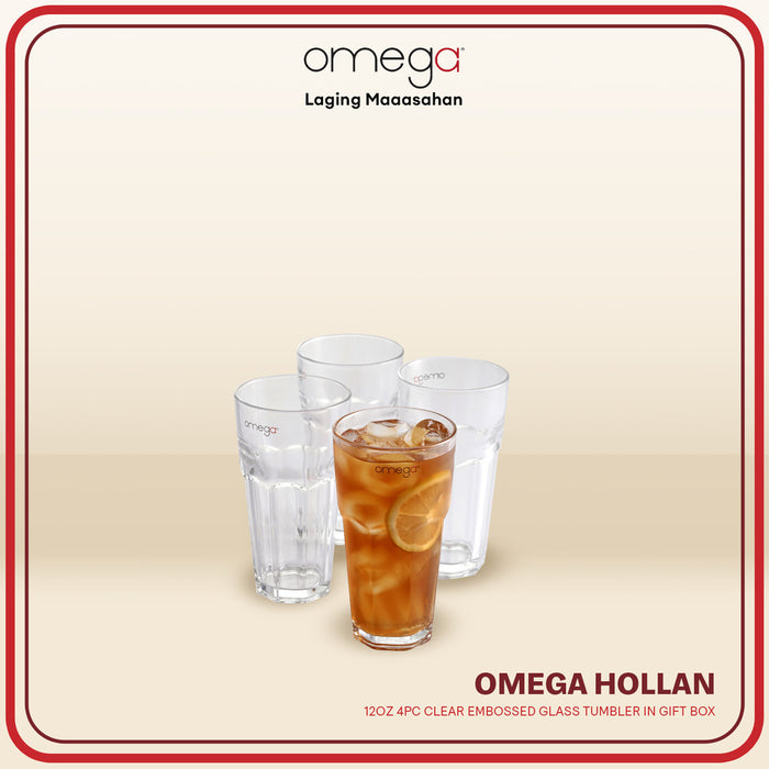 Omega Houseware Hollan 4PC Clear Embossed Glass Tumbler Set 12oz with Gift Box