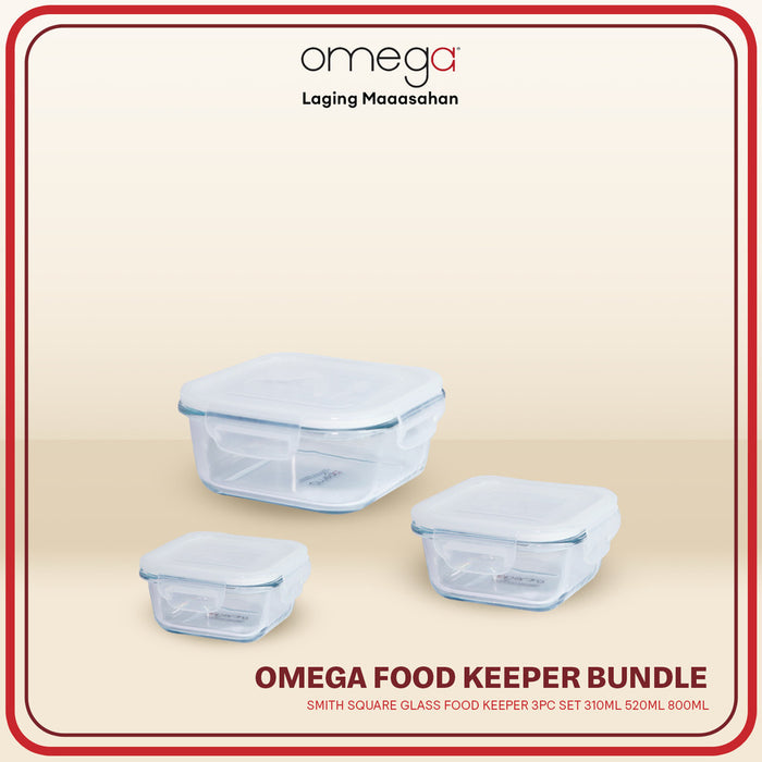 Omega Houseware Food Keeper Bundle: Smith Square Glass Food Keeper 3pc Set 310ml/525ml/800ml