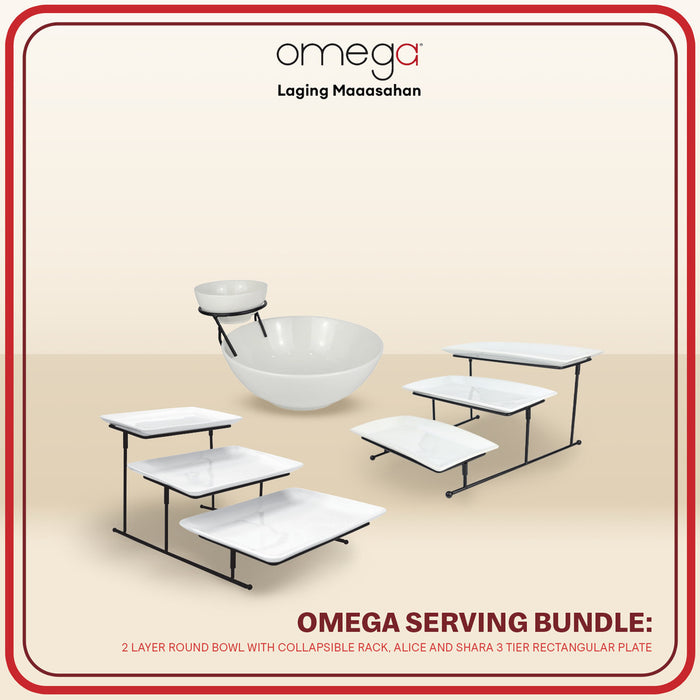 Omega Serving Bundle: Jazz 2 Layer Round Bowl, Alice and Shara 3-Tier Rectangular Plate