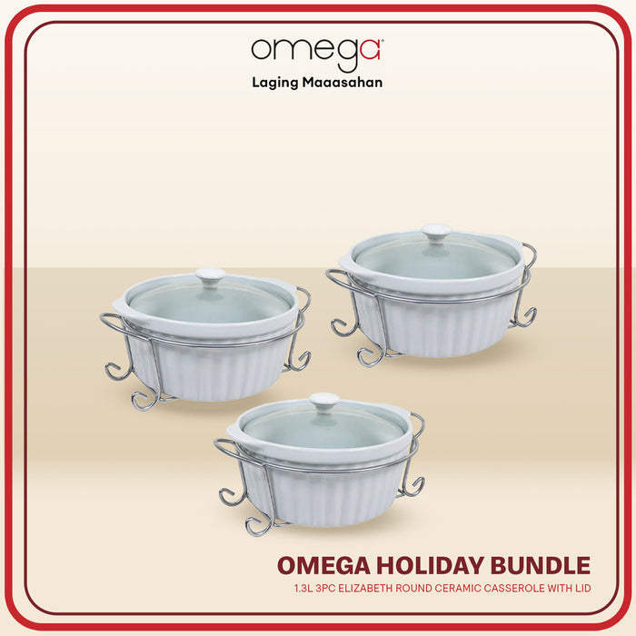 Omega Houseware Handaan Bundle: Elizabeth 1.5L Round Ceramic Casserole w/ Lid 3pc Set