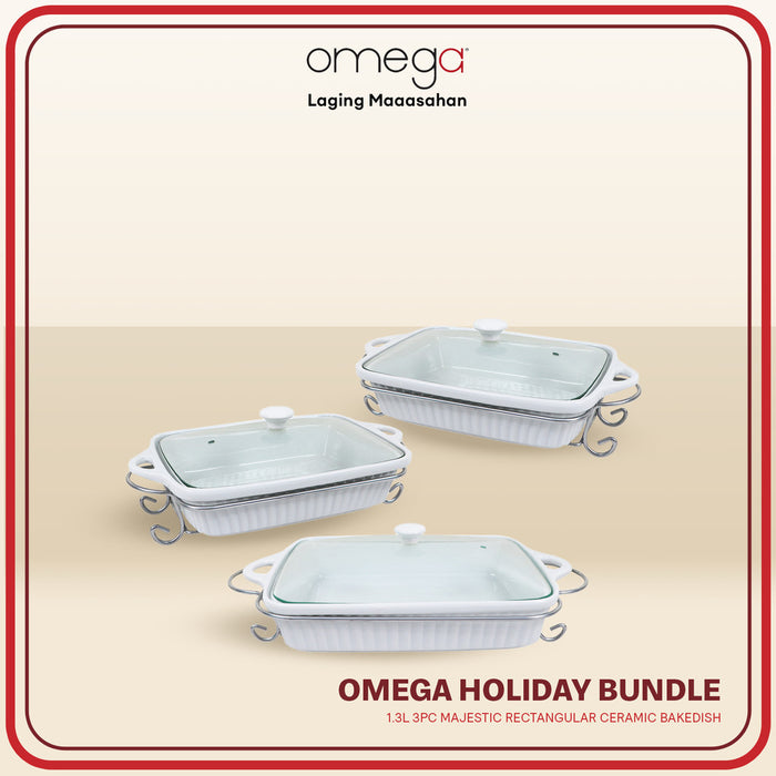 Omega Houseware Handaan Bundle: Majestic 1.3L Rectangular Ceramic Casserole w/ Lid 3pc Set