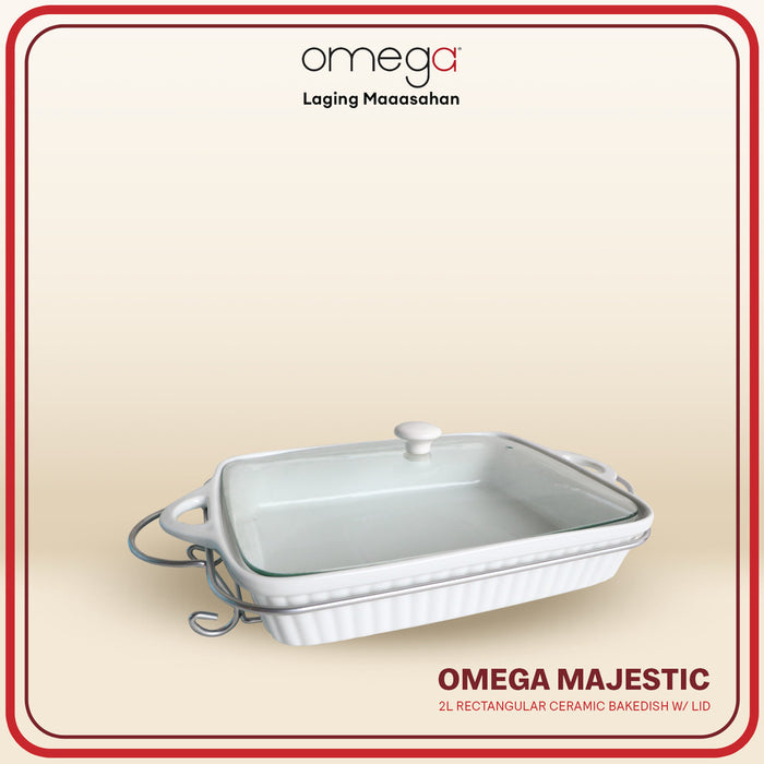 Omega Houseware Majestic Rectangular Ceramic Bakedish with Lid & Rack I Microwave Safe 1.3L/2L