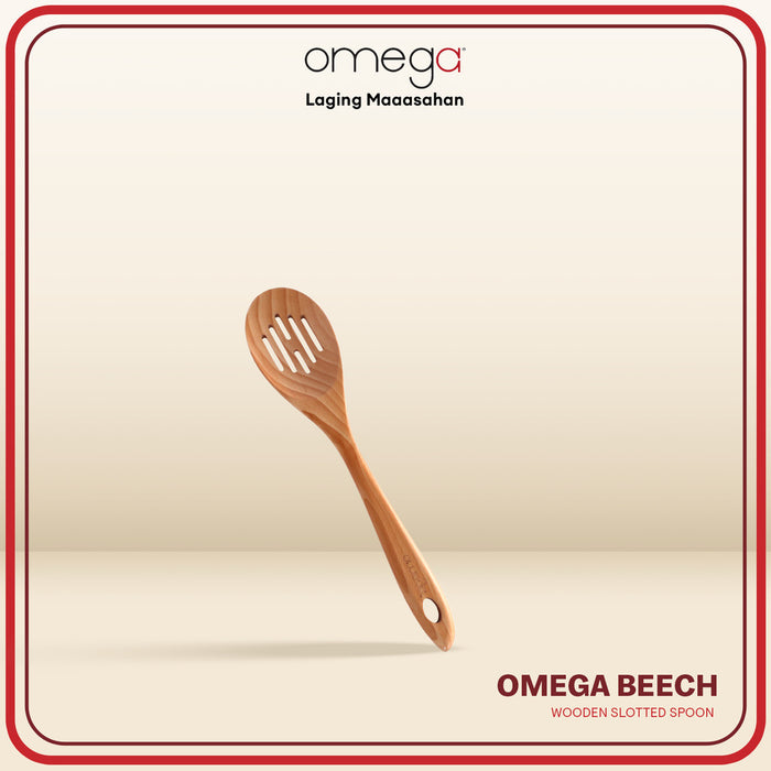 Omega Houseware Beech Wooden Slotted Spoon Non-Stick Cookware Safe