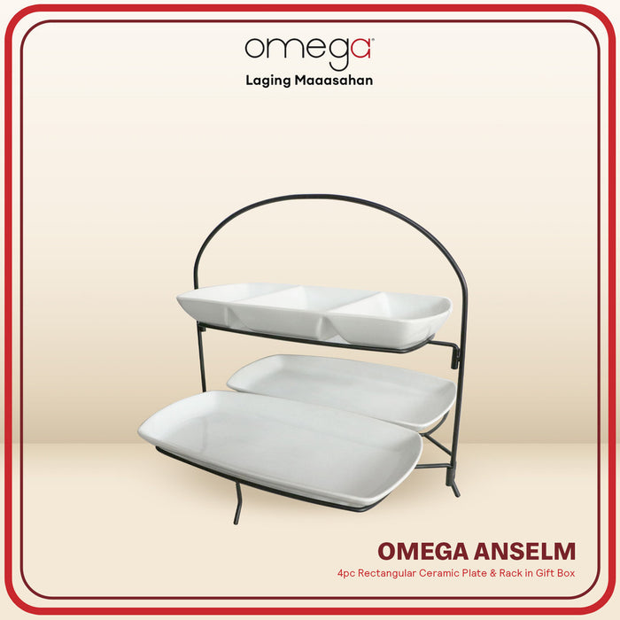 Omega Houseware Anselm 3 Layer Rectangular Ceramic Plate Food Server with Collapsible Rack