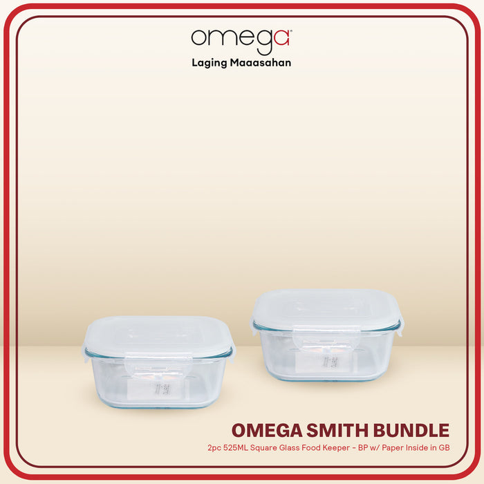 Omega Houseware Smith Square 2pc Bundle Clear Glass Food Keeper Airtight Storage Microwave Safe