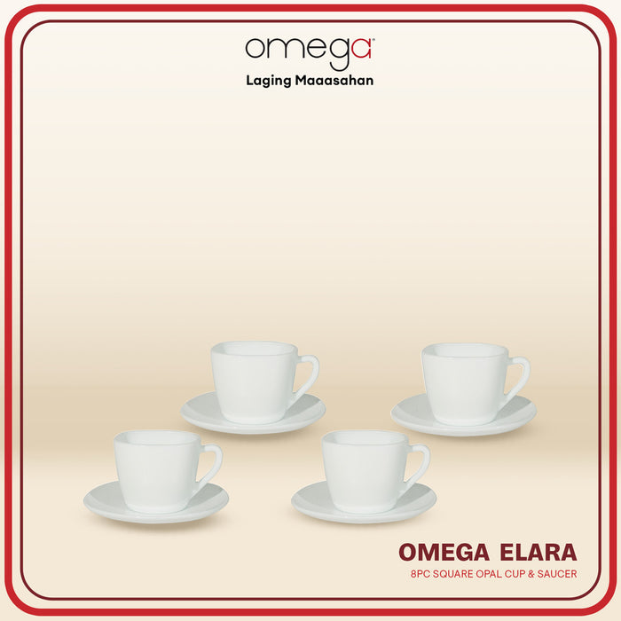 Omega Houseware Elara Square Opal Cup and Saucer Set 8pcs | Microwave & Dishwasher Safe