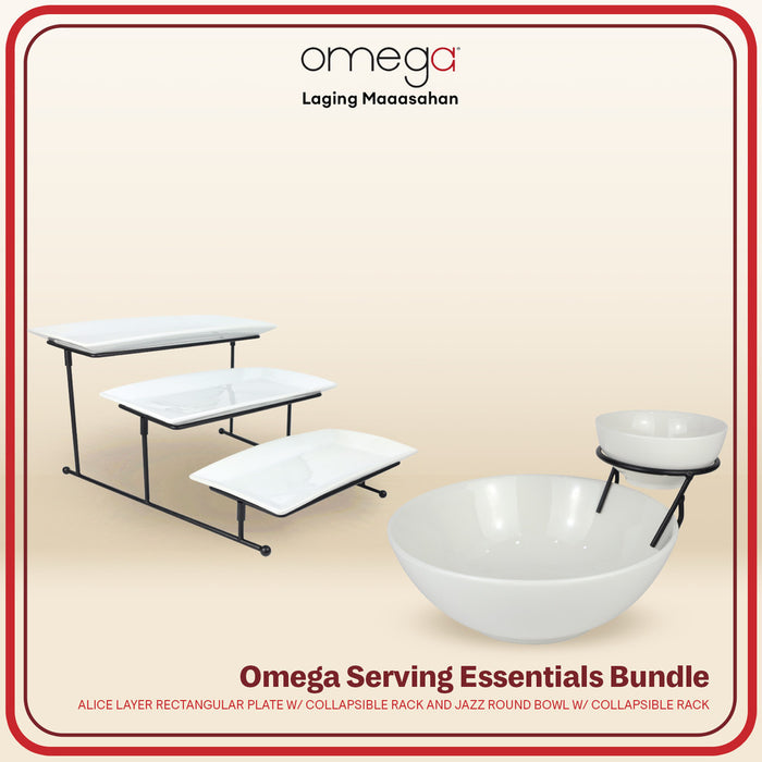 Omega Serving Bundle Alice 3 Layer Rectangular Plate & Jazz 2 Layer Round Bowl with Collapsible Rack
