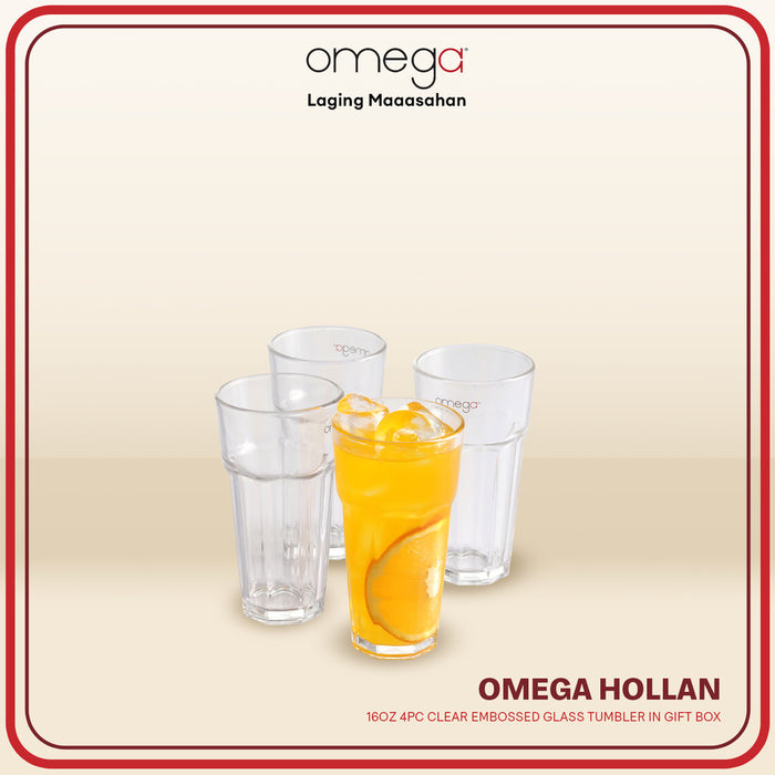 Omega Houseware Hollan 4PC Clear Embossed Glass Tumbler Set 16oz with Gift Box