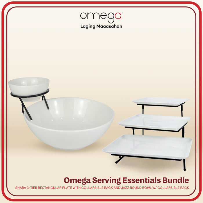Omega Serving Bundle: Shara 3-Tier Rectangular Plate & Jazz 2 Layer Round Bowl with Collapsible Rack