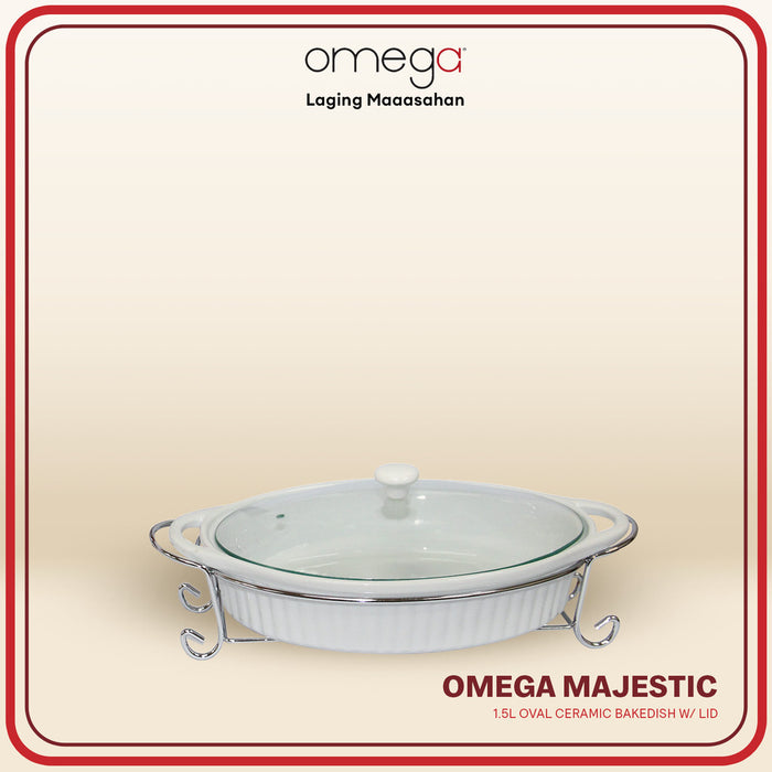 Omega Majestic Oval Ceramic Bakedish with Lid & Metal Rack I Microwave Safe Baking Dish 1L / 1.5L