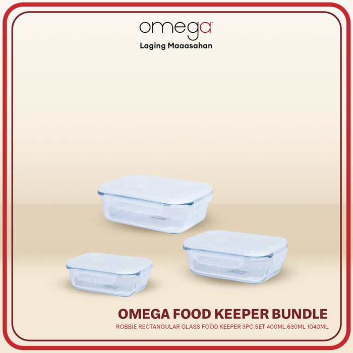 Omega Houseware Food Keeper Bundle: Robbie Rectangular Glass Food Keeper 3pc Set 400ml 630ml 1040ml