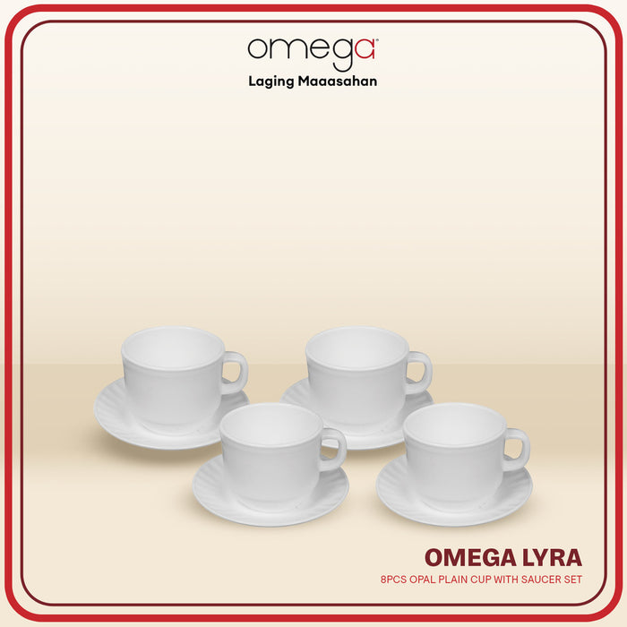 Omega Houseware Lyra Round Opal Cup and Saucer Set 8pcs | Microwave & Dishwasher Safe