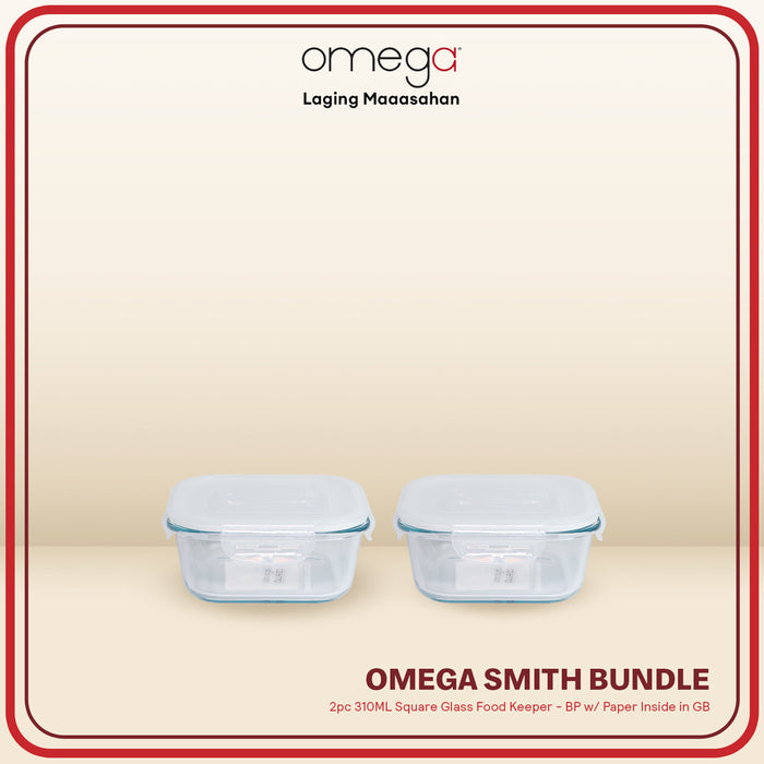 Omega Houseware Smith Square 2pc Bundle Clear Glass Food Keeper Airtight Storage Microwave Safe