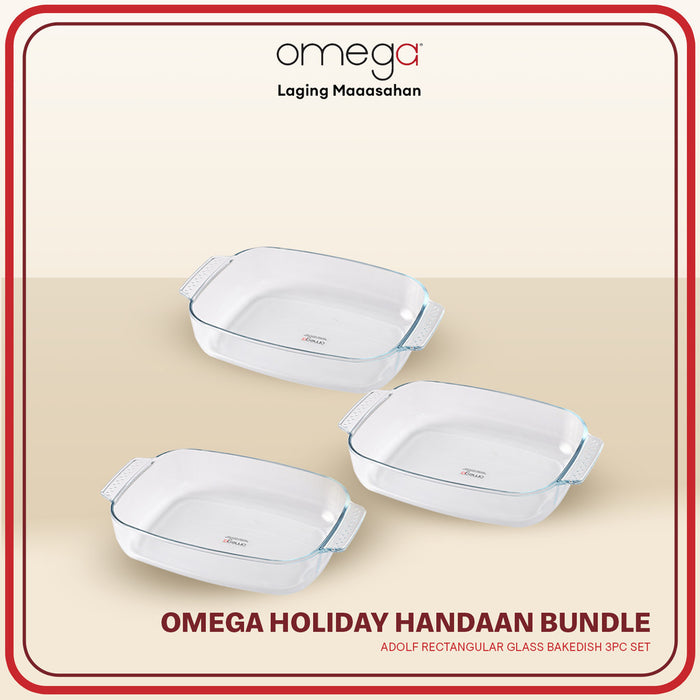 Omega Houseware Holiday Handaan Bundle: Adolf Rectangular Glass Bakedish 3pc Set