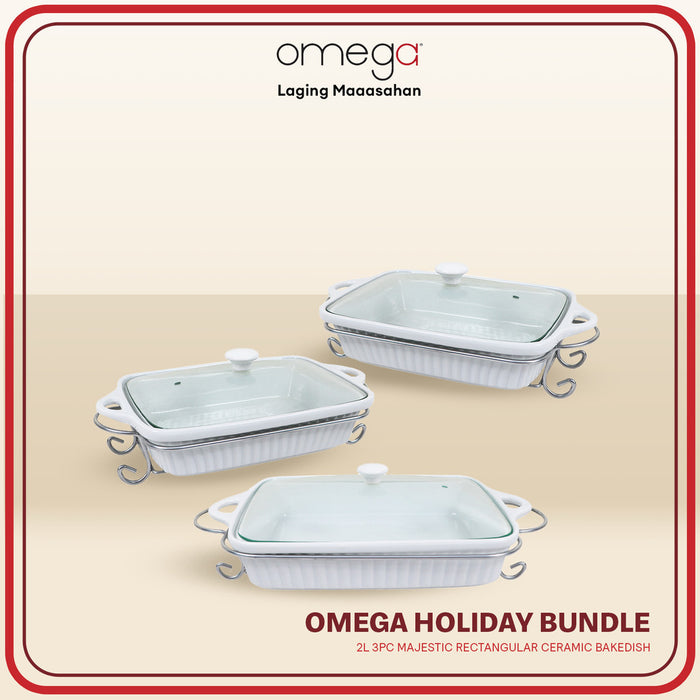 Omega Houseware Handaan Bundle: Majestic 2L Rectangular Ceramic Casserole w/ Lid 3pc Set