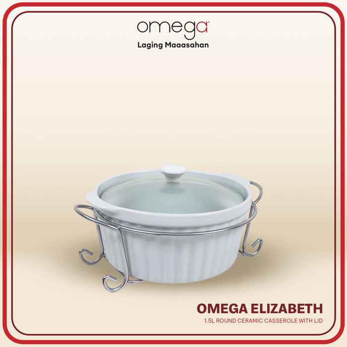 Omega Houseware Elizabeth Round Ceramic Casserole with Lid & Metal Rack Microwave Safe1500ml/2000ml