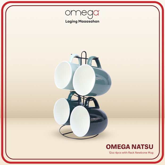 Omega Houseware 12oz Newbone Mug Set 4pcs with Rack Microwave & Food Safe