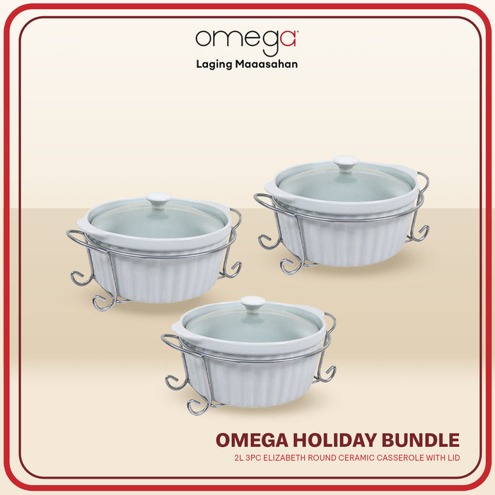 Omega Houseware Handaan Bundle: Elizabeth 2L Round Ceramic Casserole w/ Lid 3pc Set