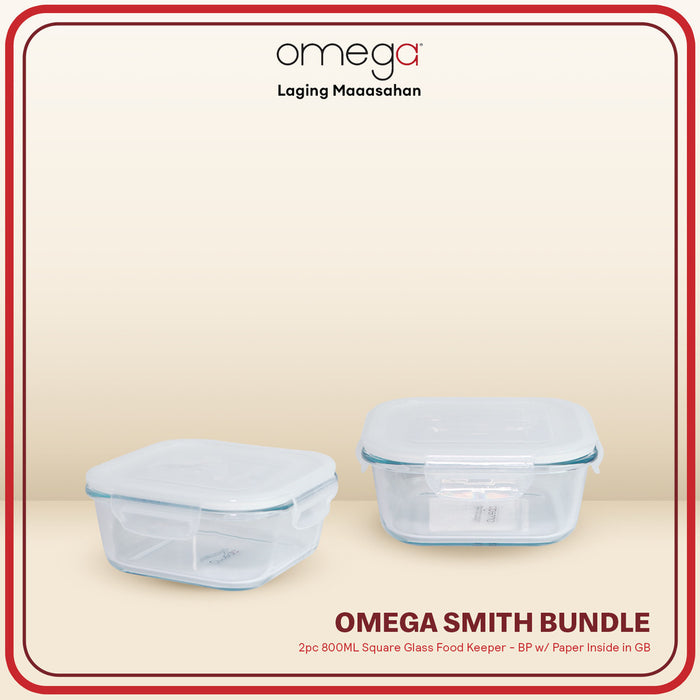 Omega Houseware Smith Square 2pc Bundle Clear Glass Food Keeper Airtight Storage Microwave Safe