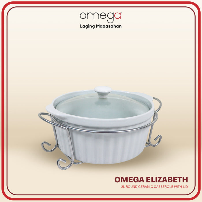 Omega Houseware Elizabeth Round Ceramic Casserole with Lid & Metal Rack Microwave Safe1500ml/2000ml