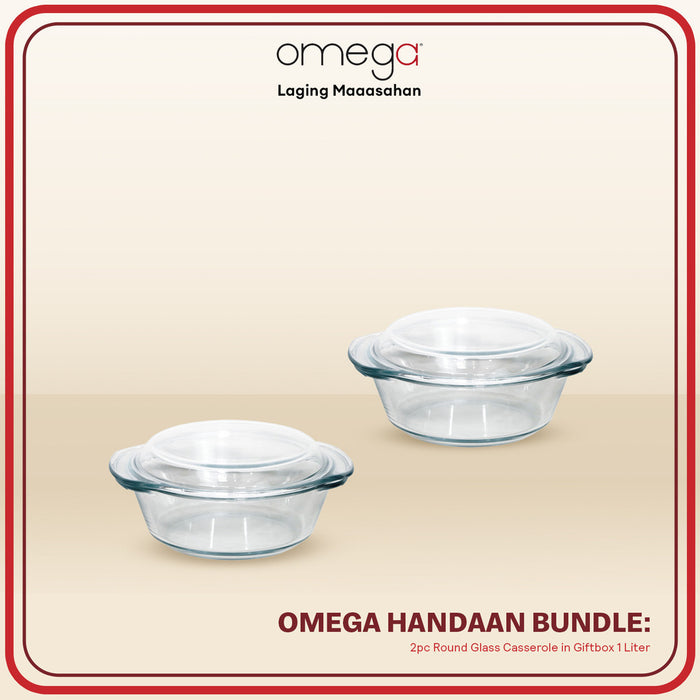 Omega Houseware Handaan Bundle: Onyx Round Glass Casserole w/ Lid 2pc Set 1L / 1.5L / 2.5L
