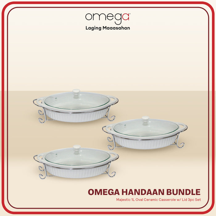 Omega Houseware Handaan Bundle: Majestic 1L Oval Ceramic Casserole w/ Lid 3pc Set