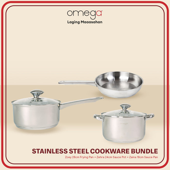 Omega Houseware Cookware Set Bundle | Zoey 28cm Frying Pan+Zehra 24cm Sauce Pot+Zaina 18cm Sauce Pan